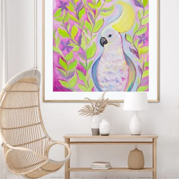 Cockatoo Hairdo Art Print Oil Painting tropical bird plants flowers whimsical - Picture 4 of 10